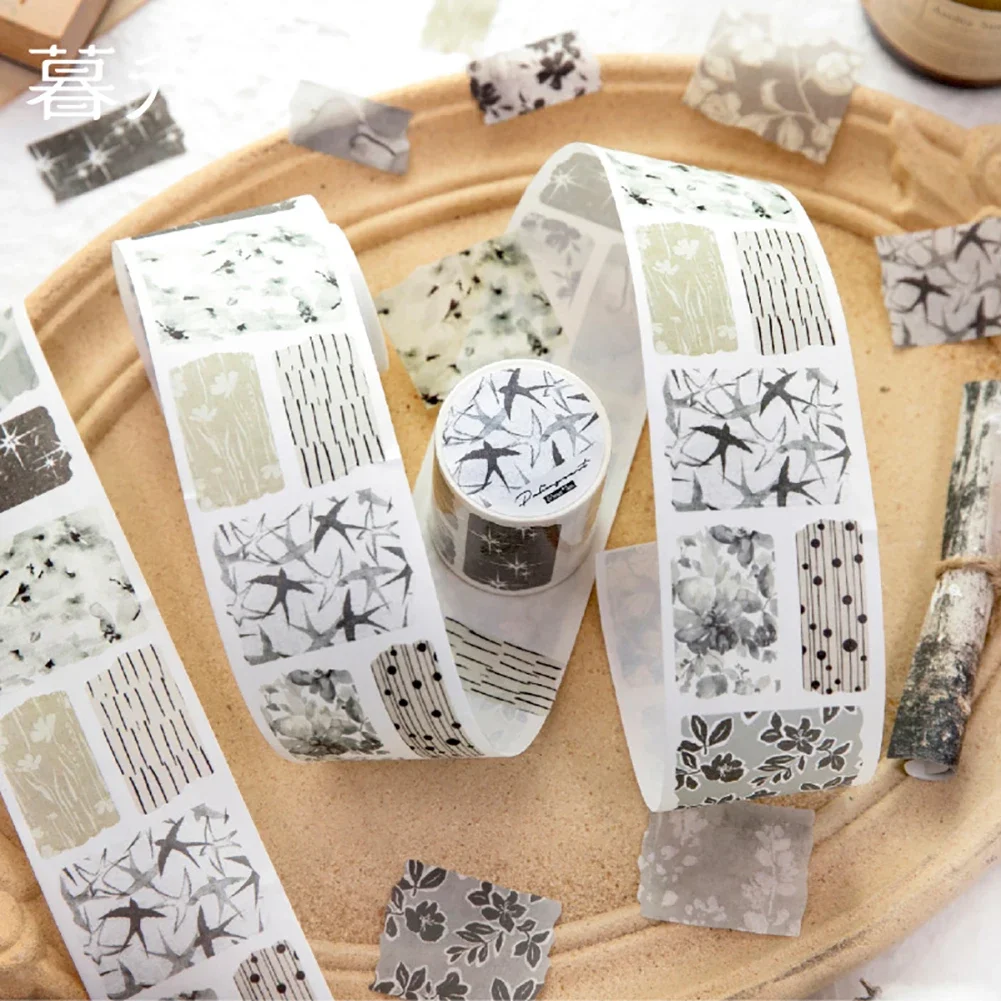 1롤 크리에이티브 DIY 빈티지 꽃무늬 풍경 재료 콜라주 와시 테이프 저널 문구류