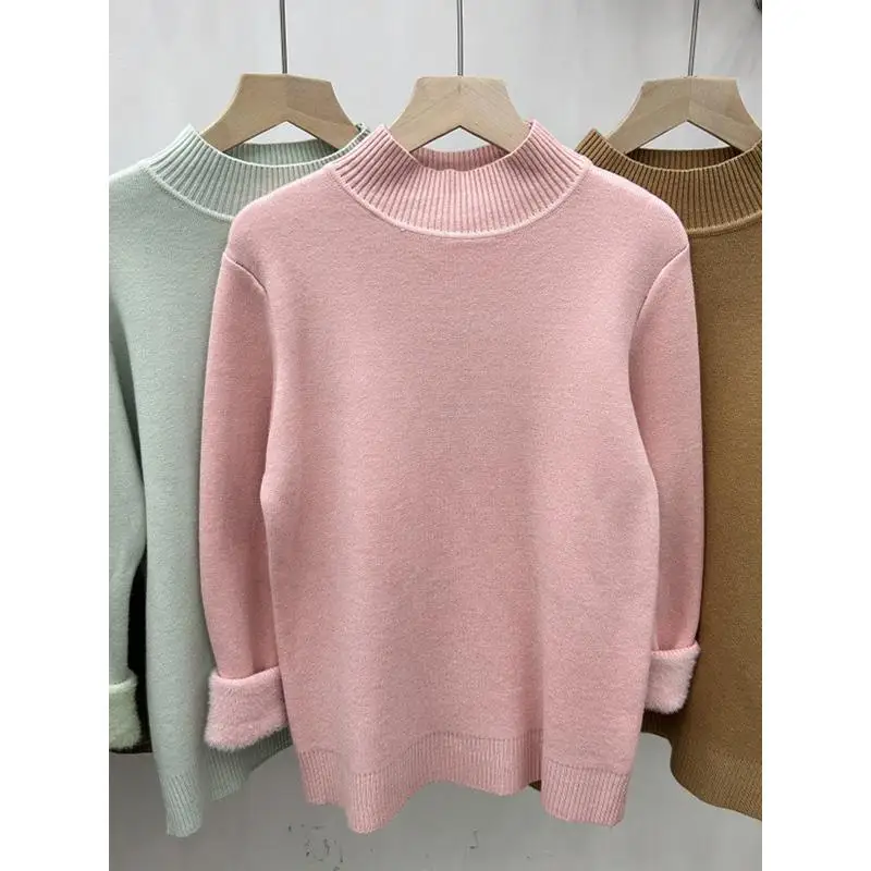 Elegant New Warm Women's Integrated Fleece Sweater Autumn and Winter Solid Color Knitwear Casual Bottoming Shirt