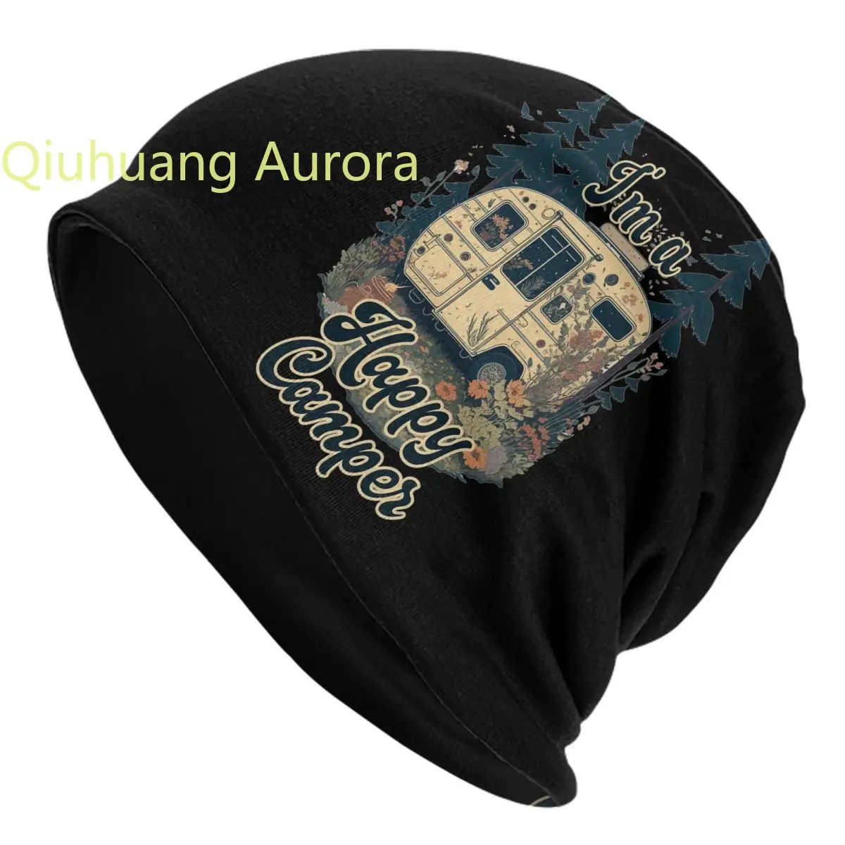 

Retro Vintage Happy Camping Trailer I 'm A Happy Camper Cap Autumn Winter Skullies Beanies Hats Spring Warm Bonnet Knit Hat