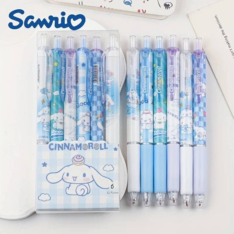 6pcs 귀여운 헬로 키티 산리오 시리즈 클릭 펜, 학생용 절묘한 소프트 그립 브러쉬 펜, 부드러운 팁 젤 잉크 펜, 롤러볼 펜