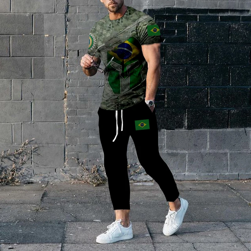 Brazil T Shirt Trousers Sports Suit Men Summer Fashion Tracksuits 2 Piece Sets 3D Printed Man Clothing Short Sleeve Casual Pants