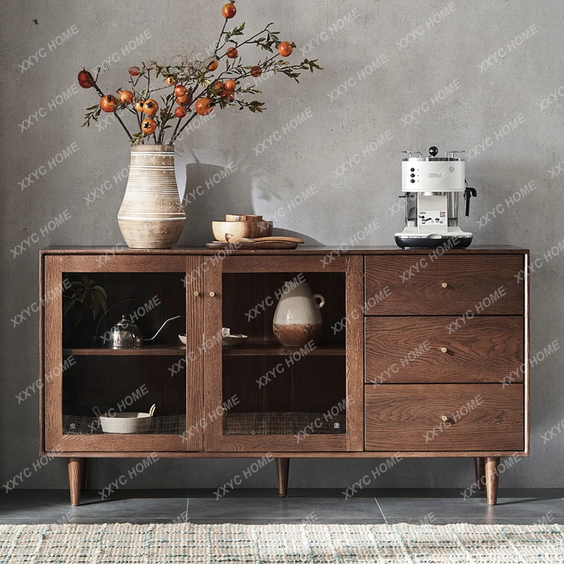 

Black Walnut-Color Solid Wood Sideboard Oak Wine Cabinet Nordic Minimalist Restaurant Locker