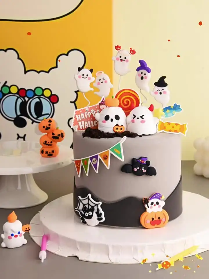 1 PCS Halloween Happy Birthday Cake Topper - Black & Yellow Glitter Castle Ghost Pick For Themed Parties