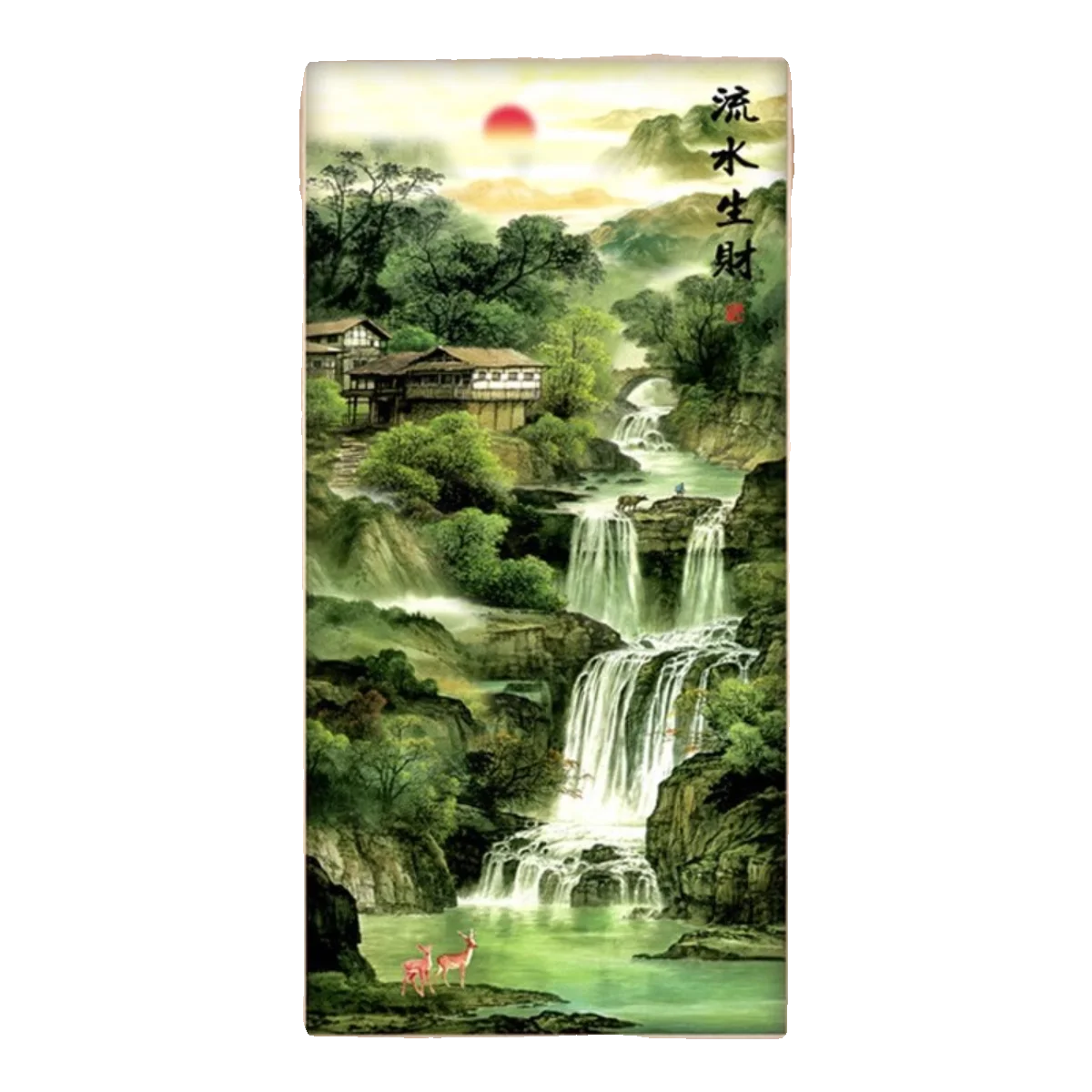 순수 수제 크로스 스티치 완제품, 흐르는 물, 부, 수직 버전, 거실 풍경 그림, 생성