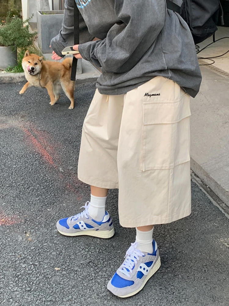 Japanese Streetwear Beige Cargo Capri Pants Women Harajuku Hippie Pockets Oversize Wide Leg Trousers Jogging Summer