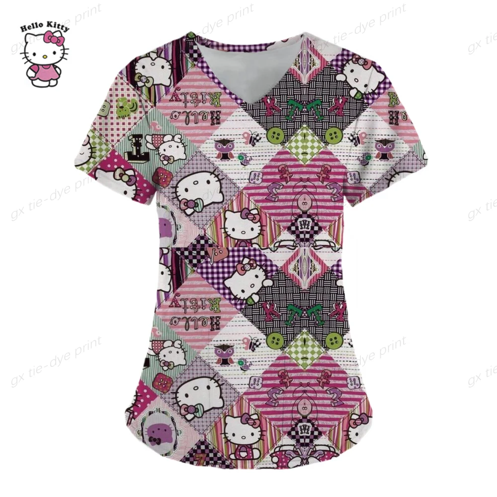 thumbnail image 1 of Camisetas de verano, tops de bolsillo, uniforme de enfermera, Hello Kitty, ropa de mujer con cuello en V, camiseta de hospital, camisetas para mujer 2023, camisetas para mujer, 1 of 5