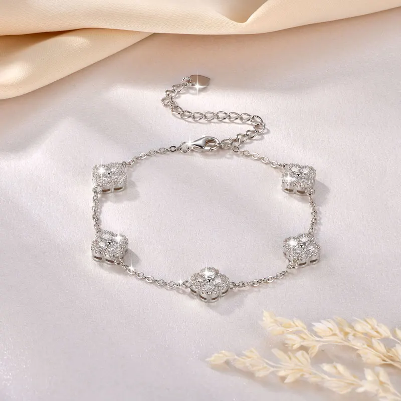 OXTAO Luxus-Moissanit-Armband in Silber/Gold-Farbe D VVS1 für Damen, vierblättriges Blumen-Kleeblatt-Armband, Verlobungs- und Hochzeitsschmuck – Detail 2