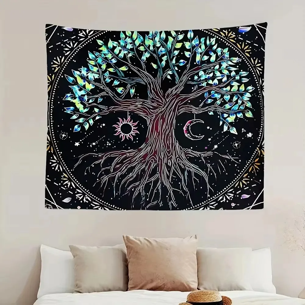 Tapestry Decor 1pc 75x58cm Tree of Life Tapestry BlackLight Sun Moon Stars Galaxy Colorful Hippie Psychedelic Bedroom Dorm Decor Aesthetic