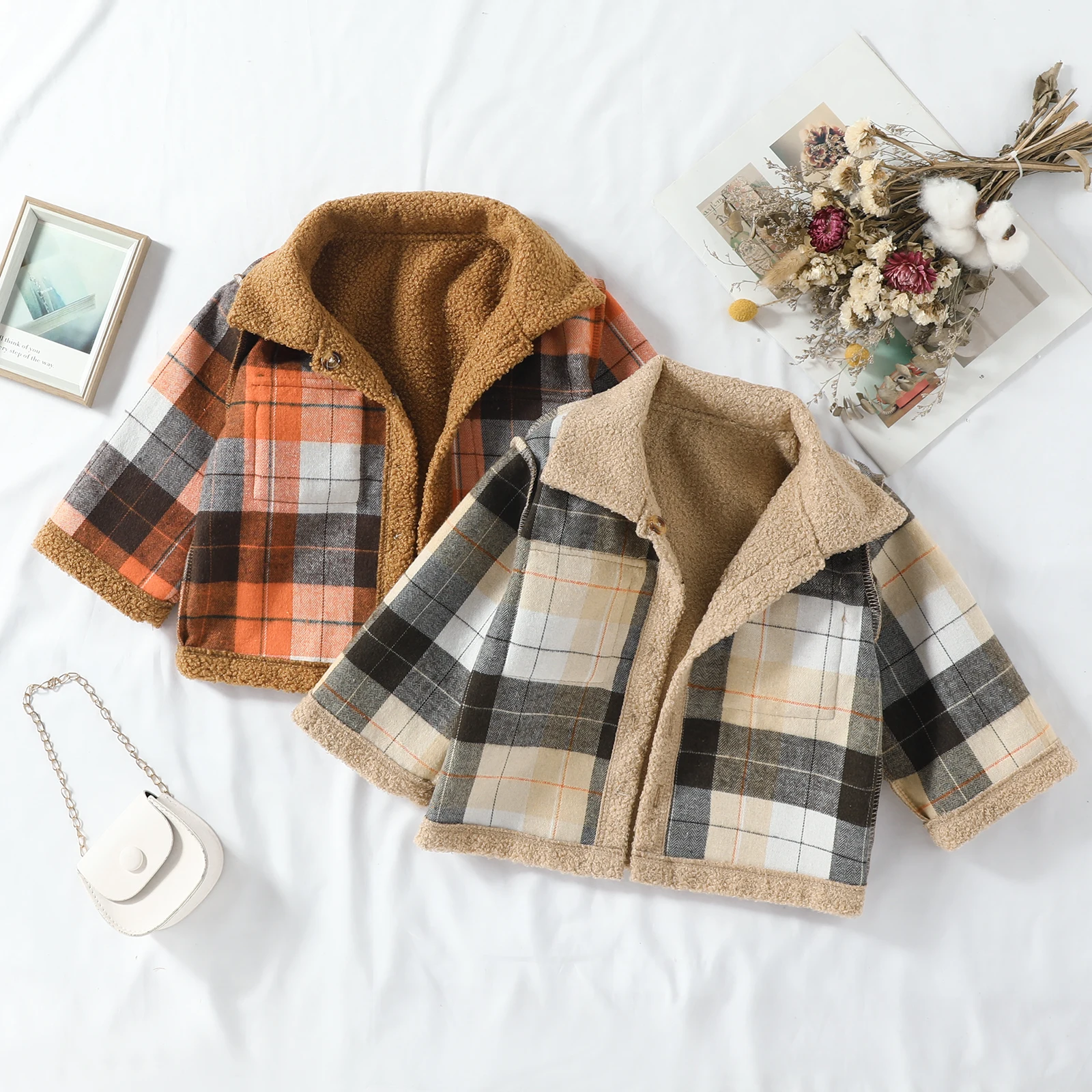 FOCUSNORM 0-5Y Winter Infant Kids Boys Wools Jacket Lapel Long Sleeve Fur Plaid Long Sleeve Single Breasted Double-sided Coat