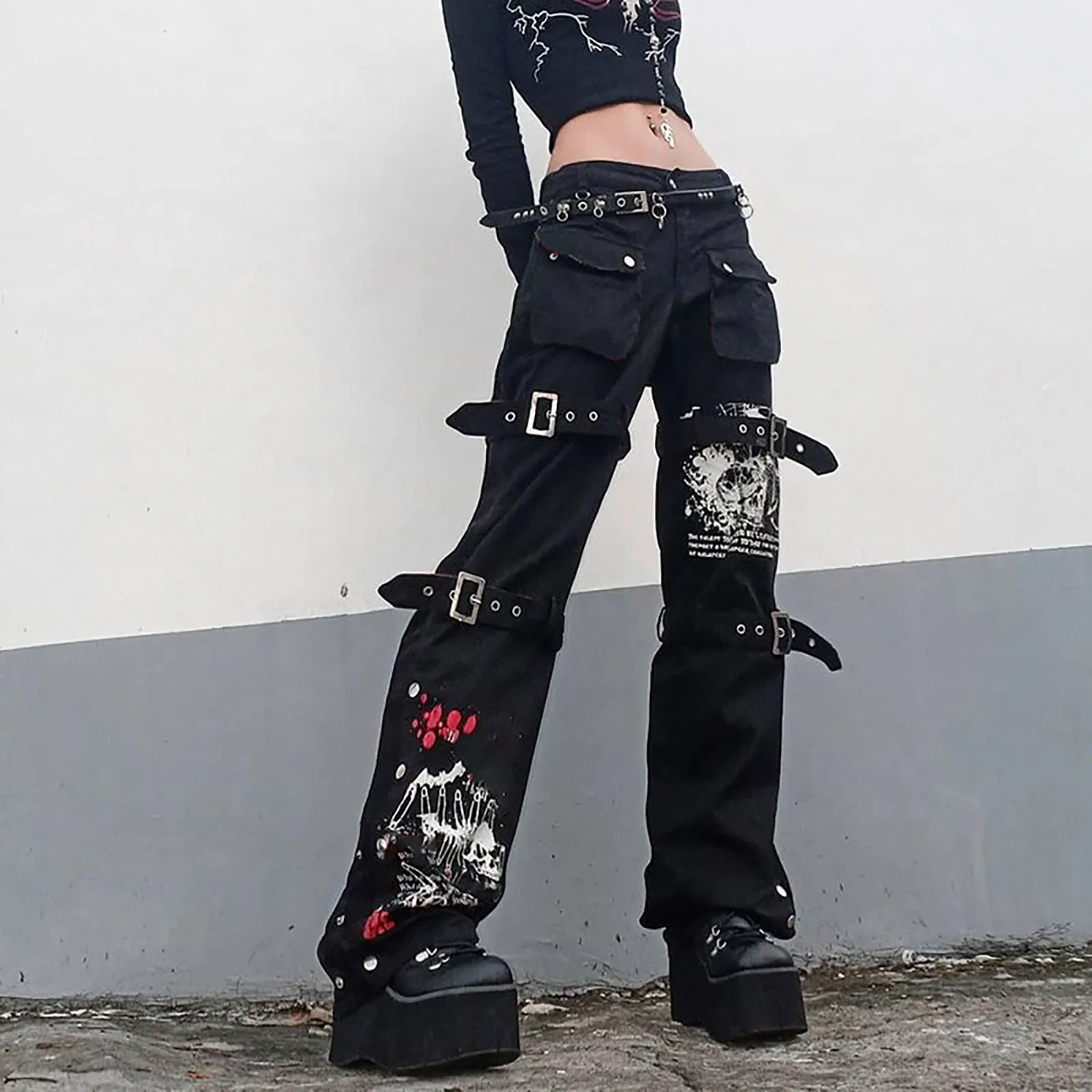 sweatpants Gothic Harajuku Black Cargo Pants Women Chain Wide Leg Goth Hippie Streetwear Leg Loop Trousers Loose Female Baggy Fashion G3 adidas pants Pants & Capris