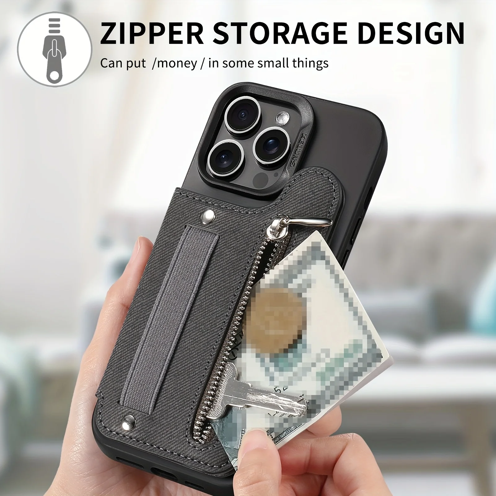 Portable Flip Card Holder with Wrist Strap and RFID Protection - Zipper Wallet and Desktop Stand