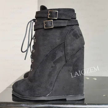 BERZIMER Ankle Boots Side Zip Faux Suede High Heels Round Toe Wedges Heels Short Booties Ladies Shoes Woman Big Size 41 43 47 52