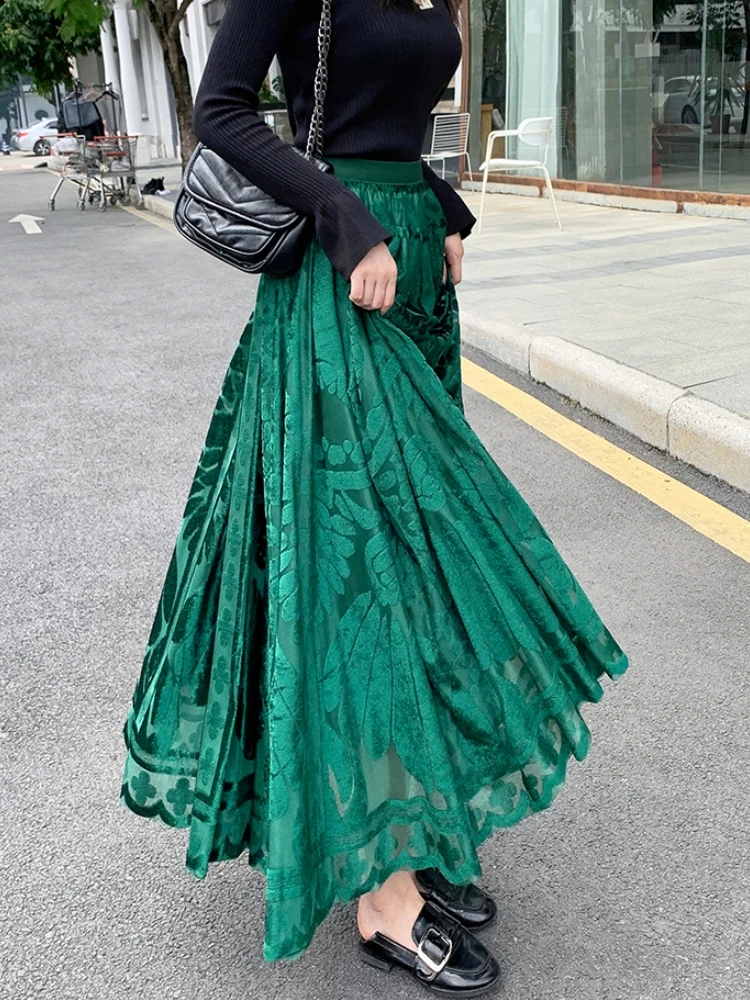 Mid Long Skirts Womens Maxi Skirt 2023 Autumn Winter Korean Fashion Casual High Waisted Jacquard Ladies A-Line Velvet Skirt rok 2 pcs velvet business pantsuits notch lapel women suit green office formal ladies work wear blazer outfit pantsuit custom made