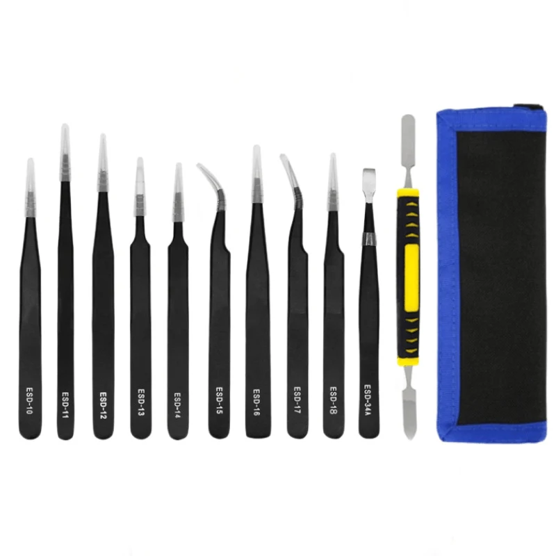Industrial Tweezers Anti-static ESD Stainless Steel Precision Tweezers Curved Straight Repair Maintenance Soldering Craft Tools