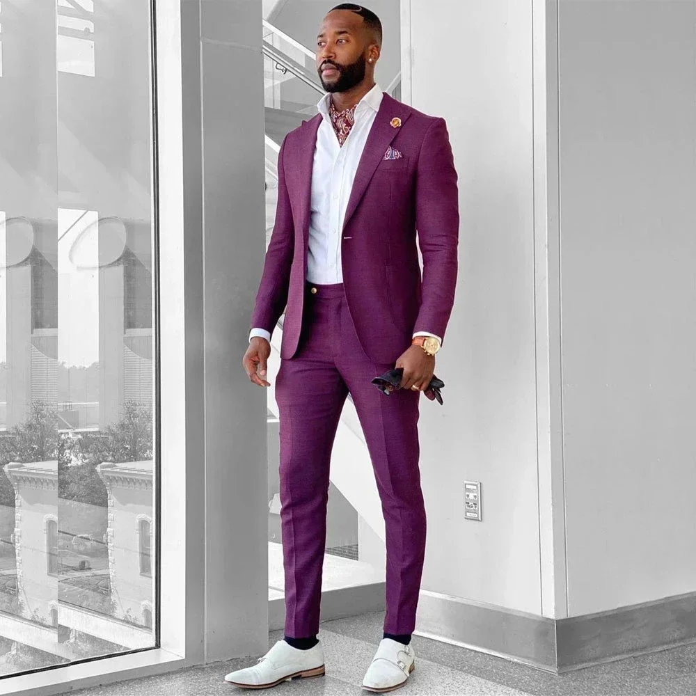 Summer Linen Purple Men Suits Groom Tuxedo Prom Slim Fit Blazers Hombre Casual High Quality 2 Piece Set Costume Homme