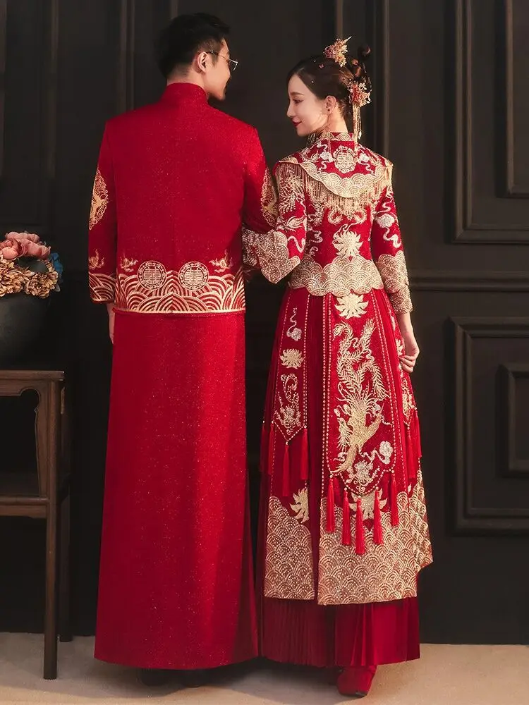 Bride Red Embroidery Qipao Wedding Dress Retro Chinese Style Cheongsam