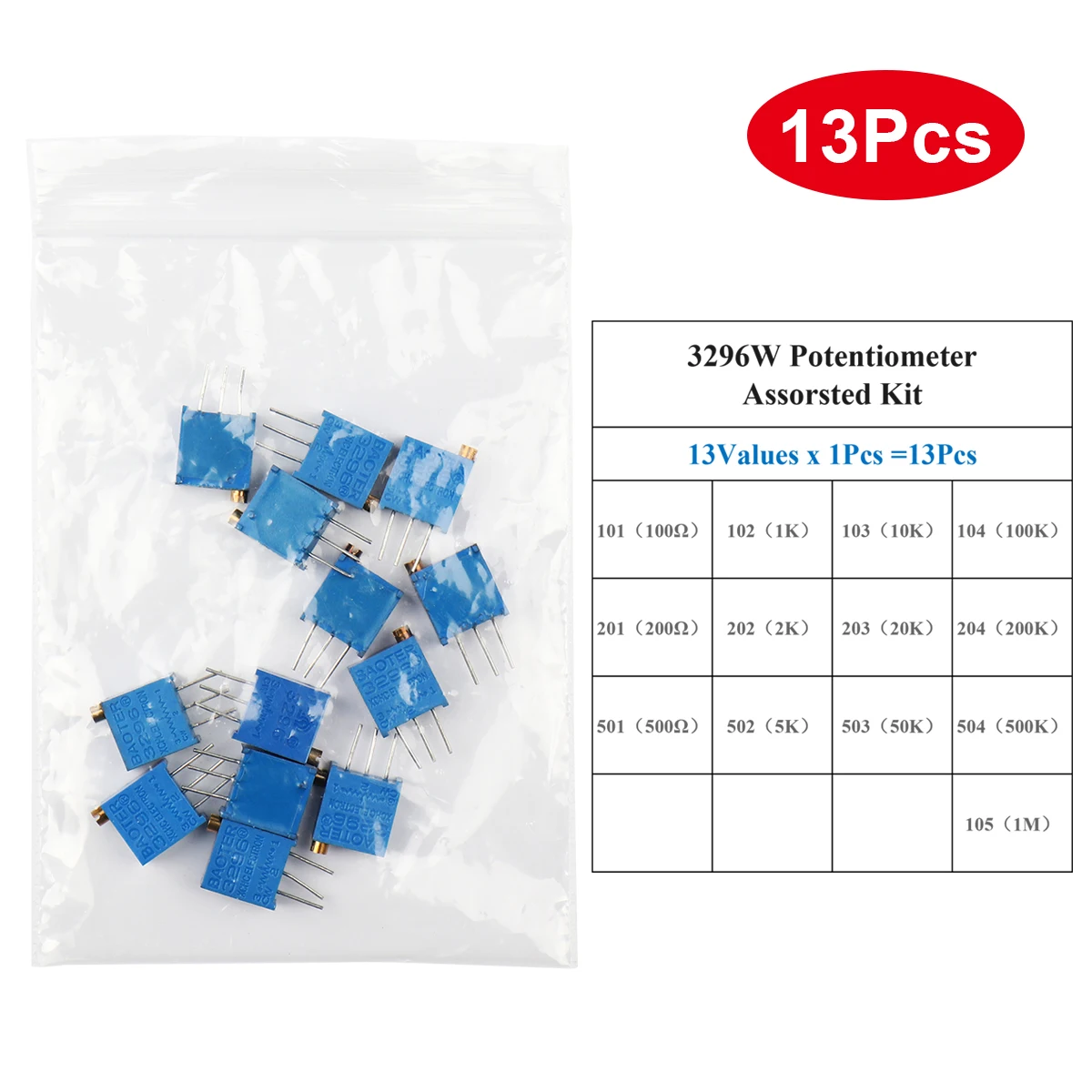 13Pcs 3296W Multi-turn Adjustable Potentiometer 1K 2K 5K 10K 20K 50K 100K 200K 500K 1M 13Values x 1Pcs Assorstment Kit rv24yn20s 101 102 b103 104 105 201 202 203 204 254 302 303 501 502 503 504 5k 10k 100k 500k 200k 100 ohm potentiometer rv24yn