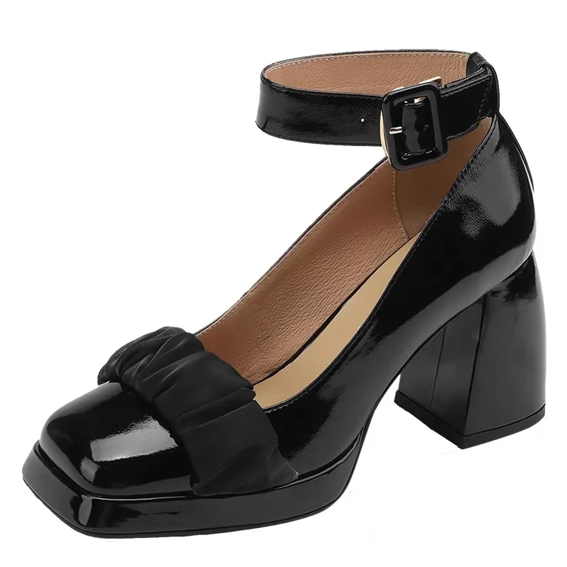 2023 Women's Shoes Mary Janes Women's High Heels Ankle-wrap Party Pumps Women Buckle Strap Square Toe Chunky Heel Female Shoes