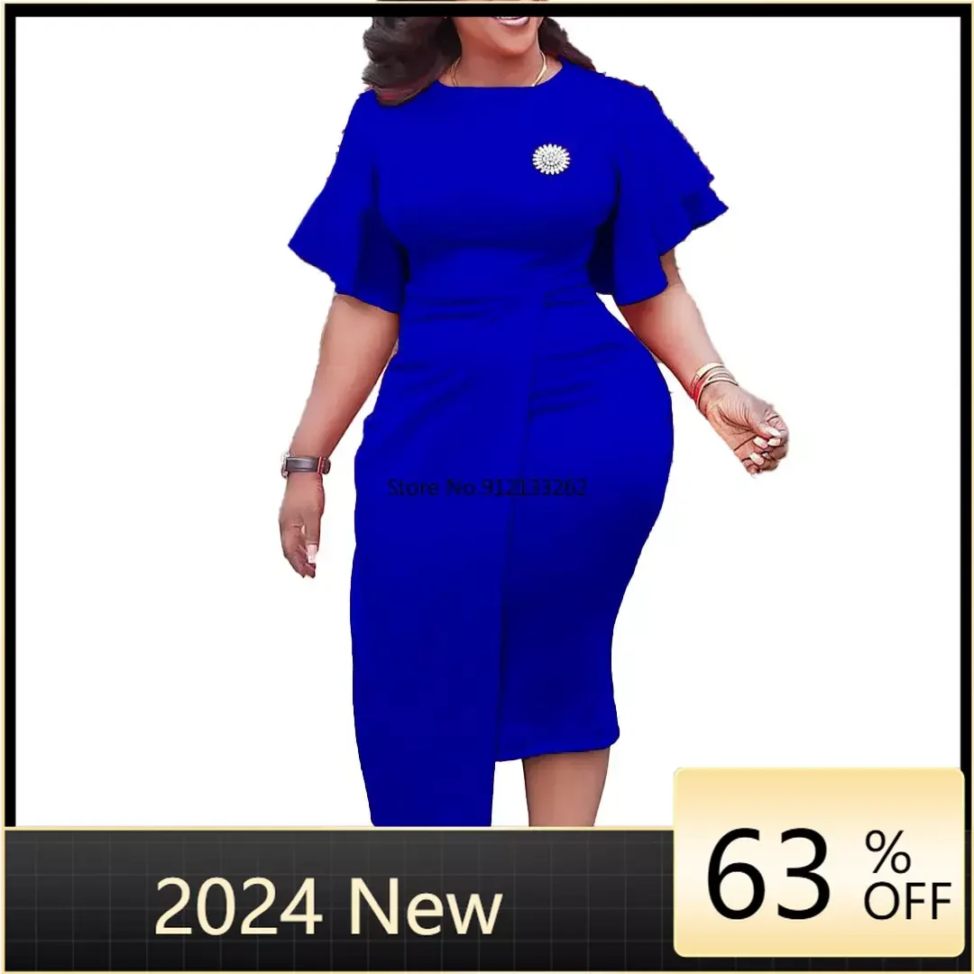2024 Summer Dresses for Women Round Neck Lace Up Ruffle Sleeve Work Dress Vestidos De Mujer Casual Elegant Midi Robe Female