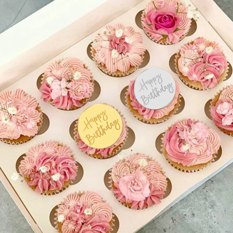 10pcs Happy Birthday Cupcake Toppers Gold Acrylic Circle Dessert Cake DIY Decorations Insert Card Kids Birthday Party Supplies