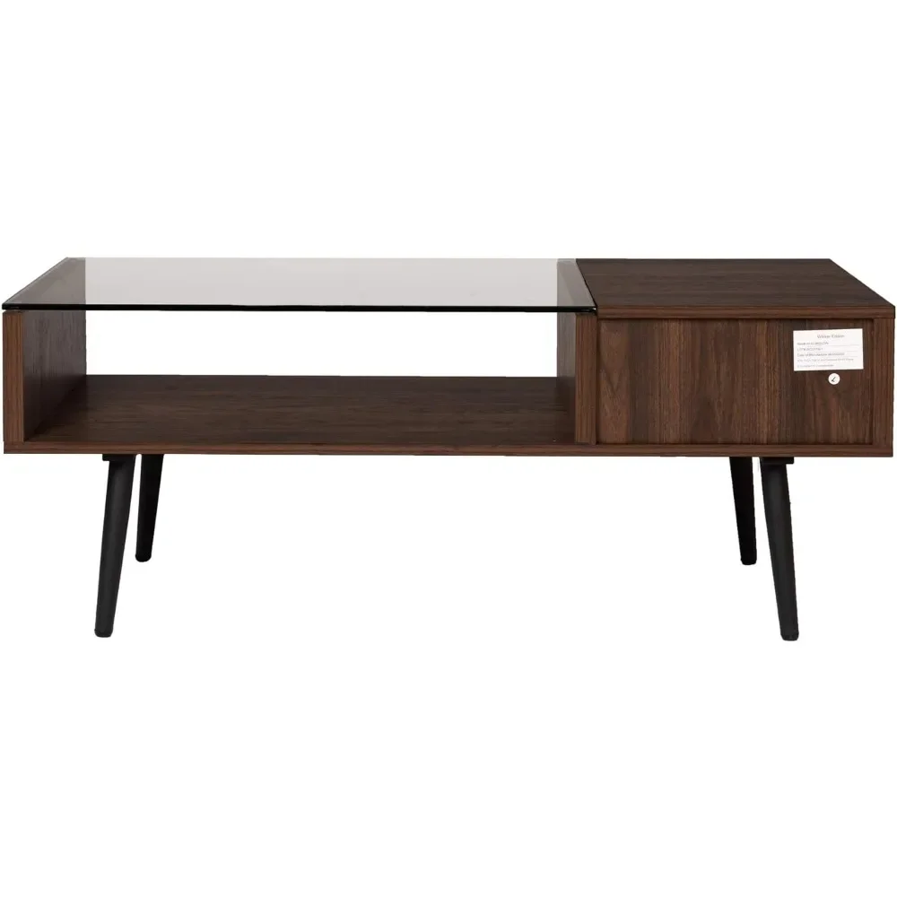 42 Inch Table Glass and Dark Walnut Dolce Gusto Montclair Mid Century Modern Two Toned 1 Drawer Coffee Table Mesa Lateral Tables 4