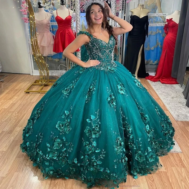 Emerald Green Quinceanera Dresses With Cloak Beading 3D Flowers Mexican Sixteen Princess Prom Gowns