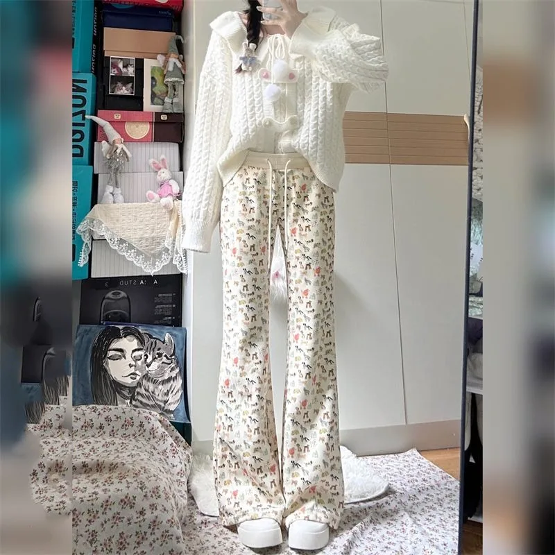 Korean Vintage Cartoon Printed Bootcut Women's Spring and Autumn Elasticized High-waisted Drawstring Loose Casual Flared Pants