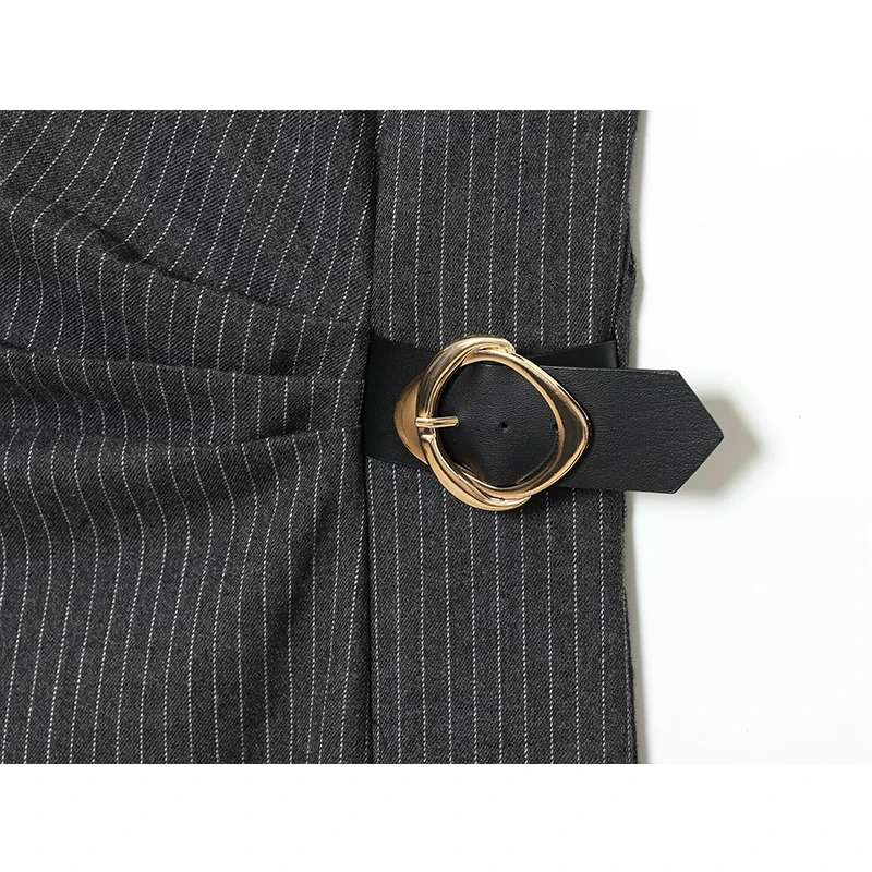 2025 New Women Sleeveless Dress Fashion Buckle Decoration Stripe Long Dresses O neck Ruched Slim Midi Women's Dresses