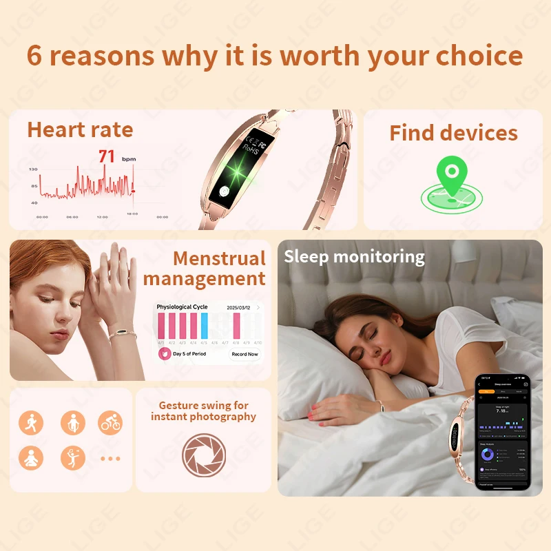 LIGE New No Screen Smart Bracelet Watch Women 24-hour Heart Rate Blood Oxygen Multisports Smart Watch Women Men For Android iOS