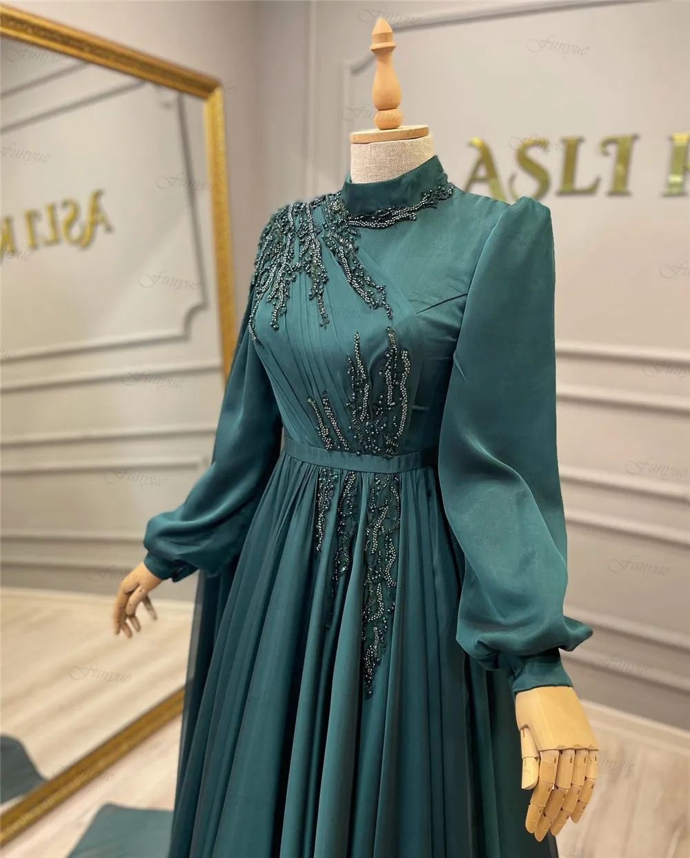 long formal dresses Funyue Abendkleider Teal A-Line Long Sleeve Formal Dress Lace Beaded Chiffon Moroccan Caftan Muslim Evening Party Gowns 2022 New pink ball gown