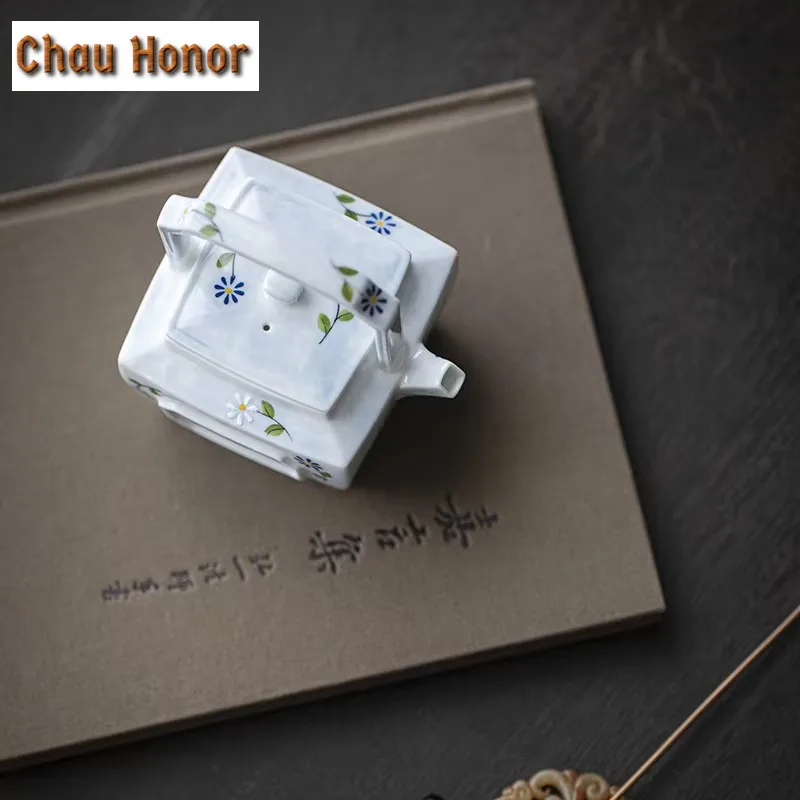180ML Hand-painted Small Daisy Lifting Beam Teapot Zen Square Pot Tea Brewing Kettle with Infuser Teaset Equipment Collection