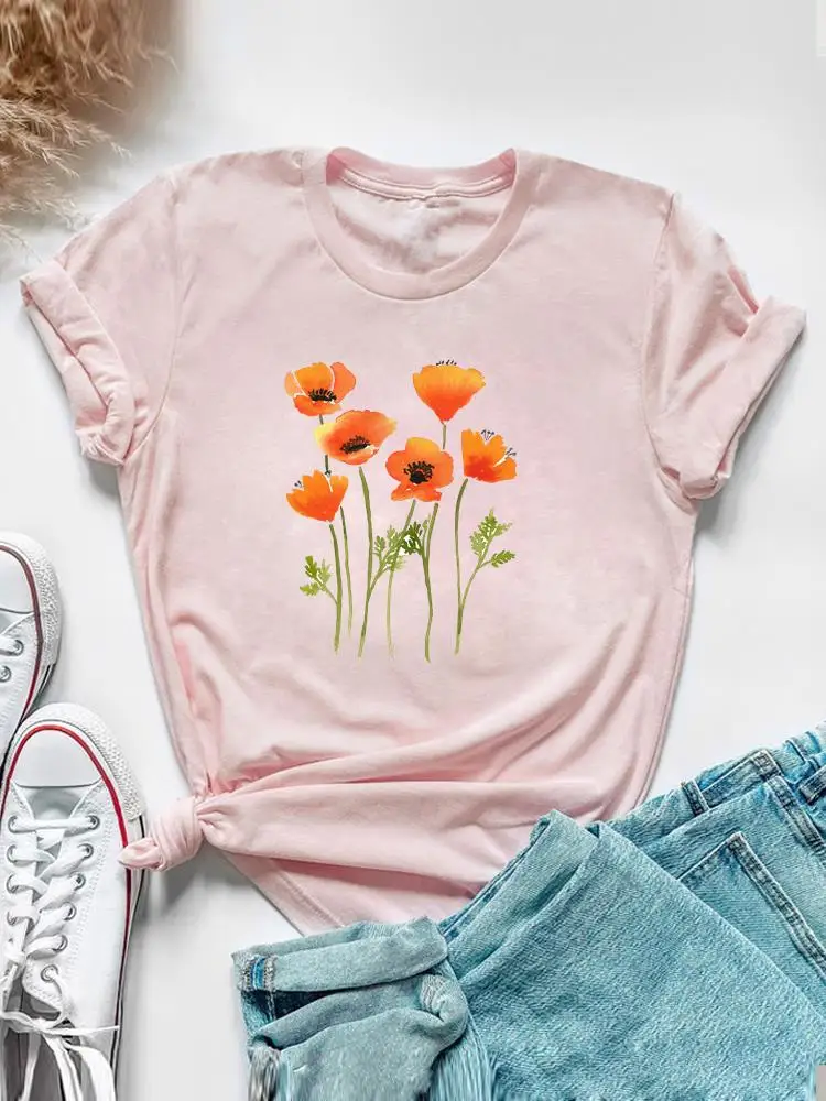 Sweet Watercolor Flower 90s Clothing Short Sleeve Tee Top Summer Graphic T Shirt Women Fashion Casual Female Print T-shirt