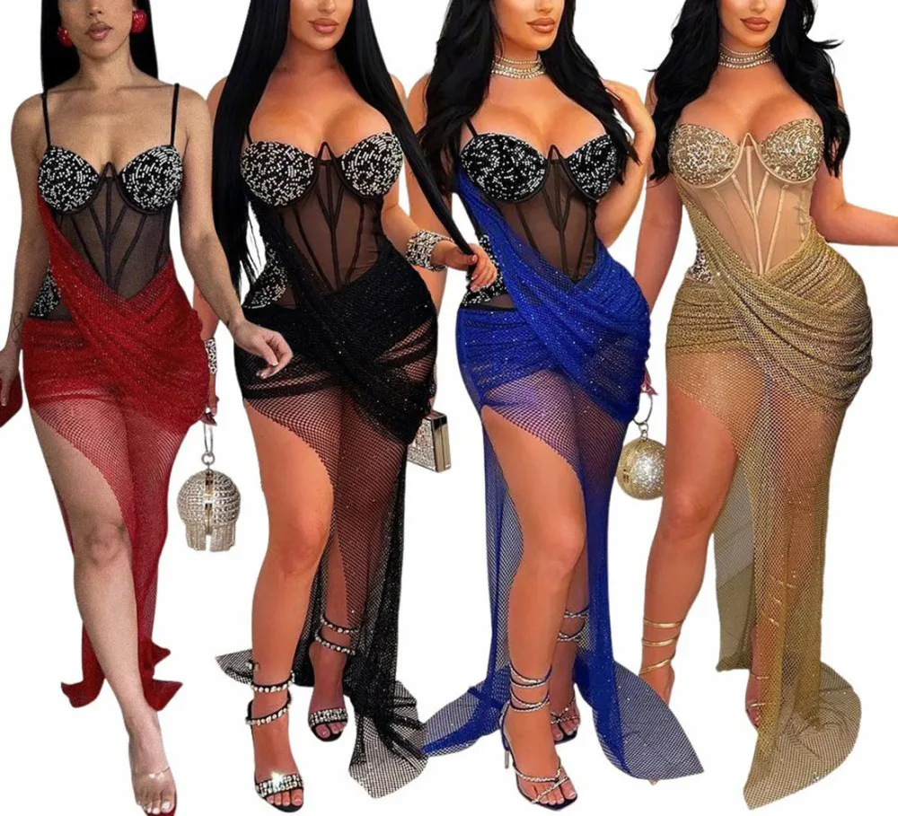 

1 Pc Women's Mesh Dresses Summer Low Cut Ruched Hip Wrap Skirts Trendy Hot Drilling Corset Bodycon Maxi Evening Party Dresses