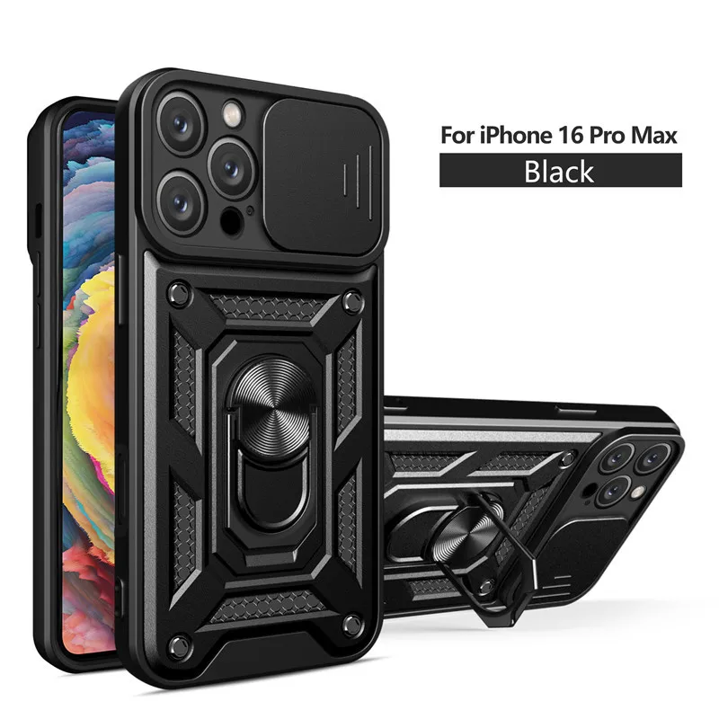 Military Grade Bumper Armor Case with Ring Cover and Slide Lens Protector