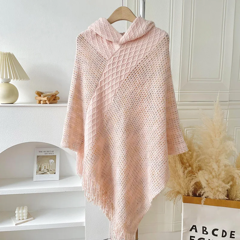 

Poncho Cloak New Hooded Ethnic Style Diamond Checkered Shawl Women's Tourism Photography Warmth Protection Cape Lady Coat Pink