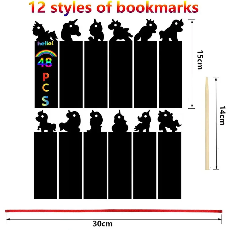 12pcs DIY Cartoon Bookmark Handwriting Scratch Painting Creative Colorful Scratch Paper Children's Painting Art Supplies