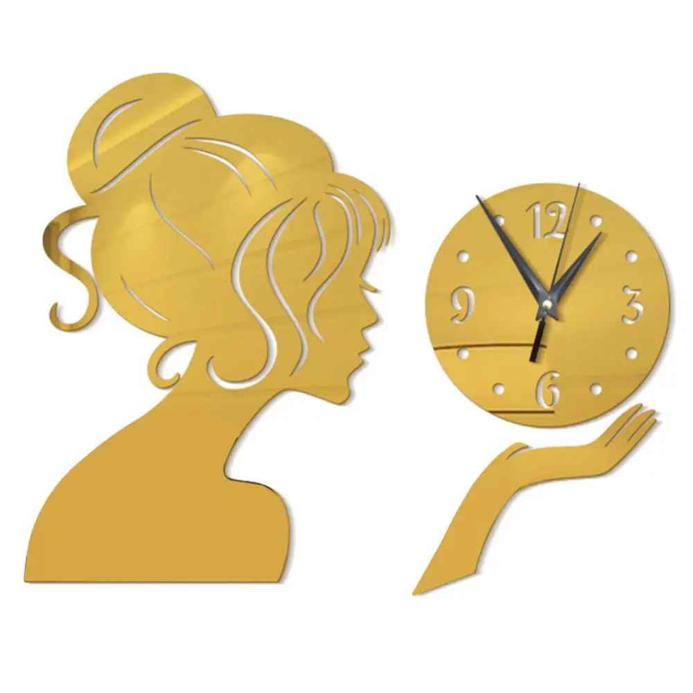 Wall Clock Girl Mirror Sticker Acrylic Waterproof Decal Home Living Room Decor