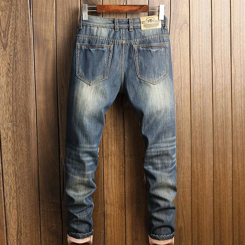 Winter Thick Warm Fleece Jeans Men Plus Size Ripped Patchwork Design Casual Denim Pants Hip Hop Straight Thermal Jean Trousers