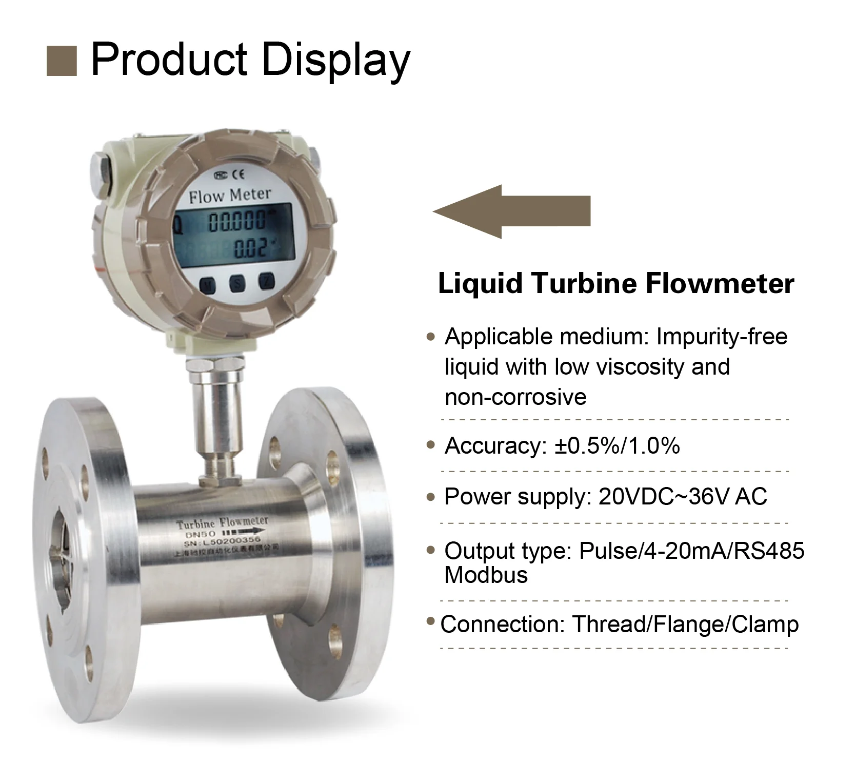 Stainless Steel Turbine Flow Meter RS485 4-20mA Pulse Output Threaded Digital Fl