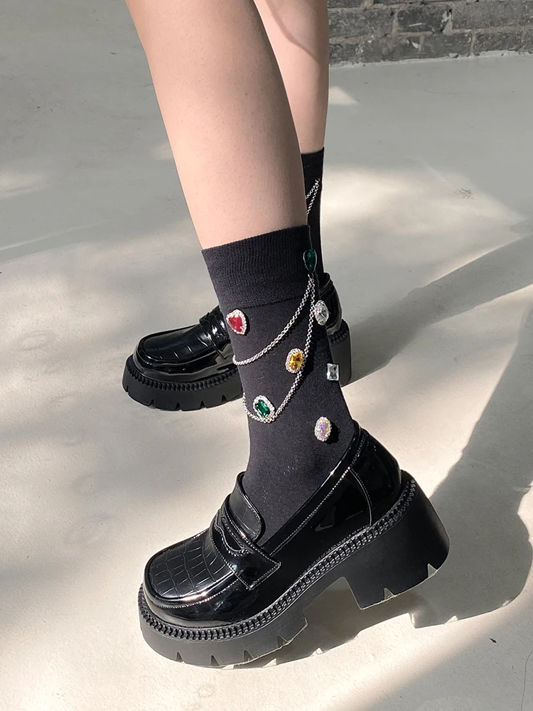Autumn Winter Socks Luxury Handmade Shiny Rinestone Chain Bunching Socks Love Diamond Black Mid-Calf Length Ankle Boot stockings