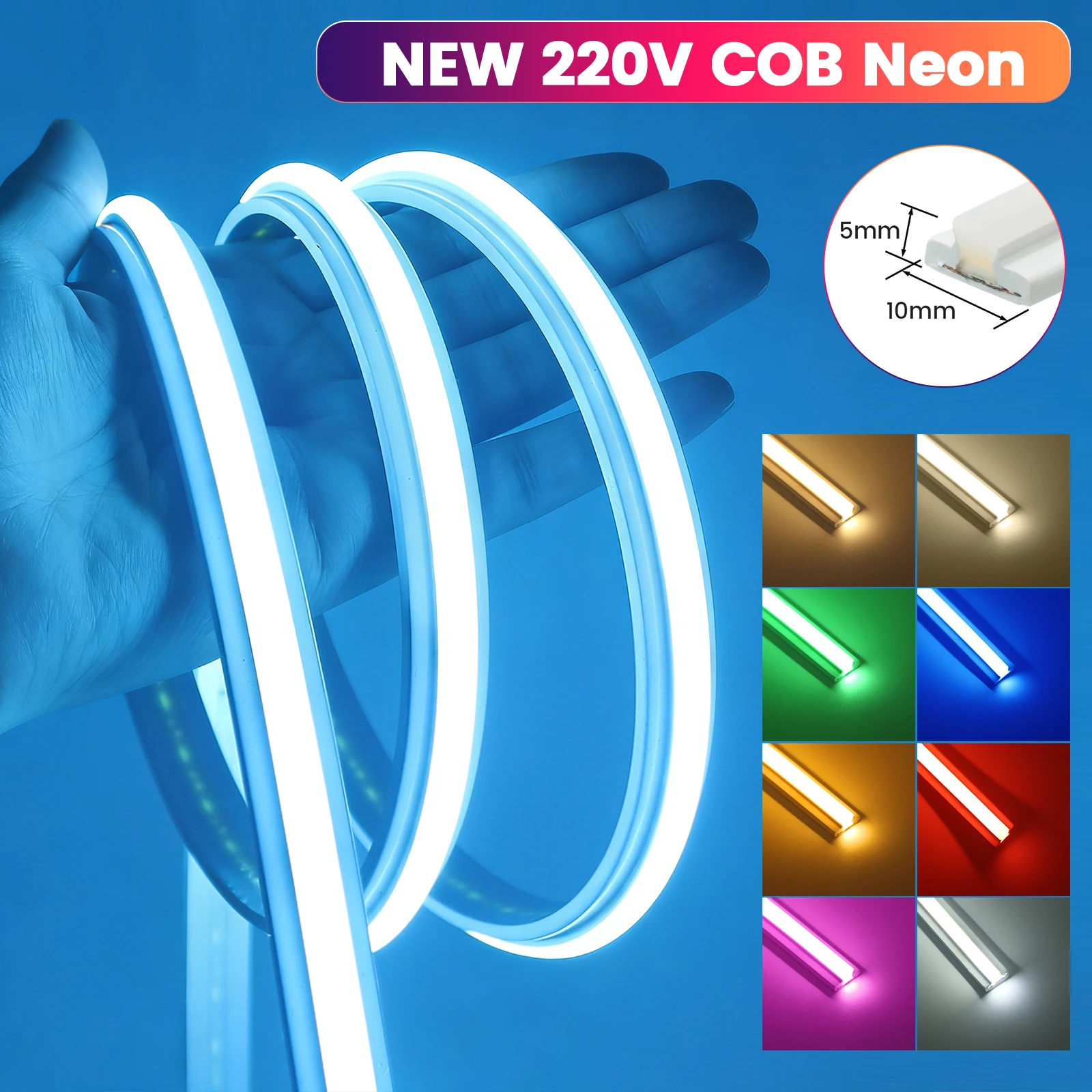 AC 220V 유연한 COB 네온 라이트 방수 LED 리본 스트립 따뜻한 흰색 중성 흰색 차가운 흰색 실내 실외 장식 조명