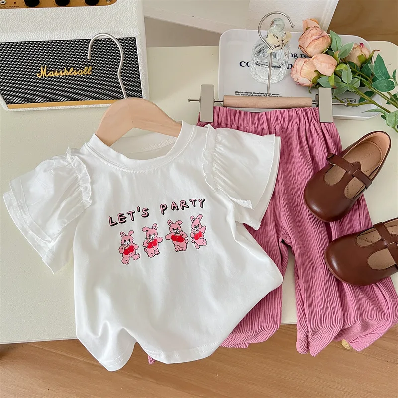

Cotton Girls' Suit 2023 New Internet Celebrity Girl Short Sleeve T-shirt Anti Mosquito Pants Two-Piece Children's Sports Suit