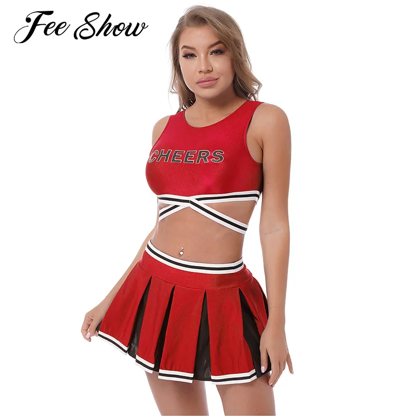 Women Adults Cheerleading Uniforms Cosplay Costume Cheerleader Outfit Crop Top with Pleated Skirts Team Sports Dance Performance 2pcs women adults cheerleading costume uniform stand collar sleeveless crop top with mini pleated skirt cheerleader dance outfit