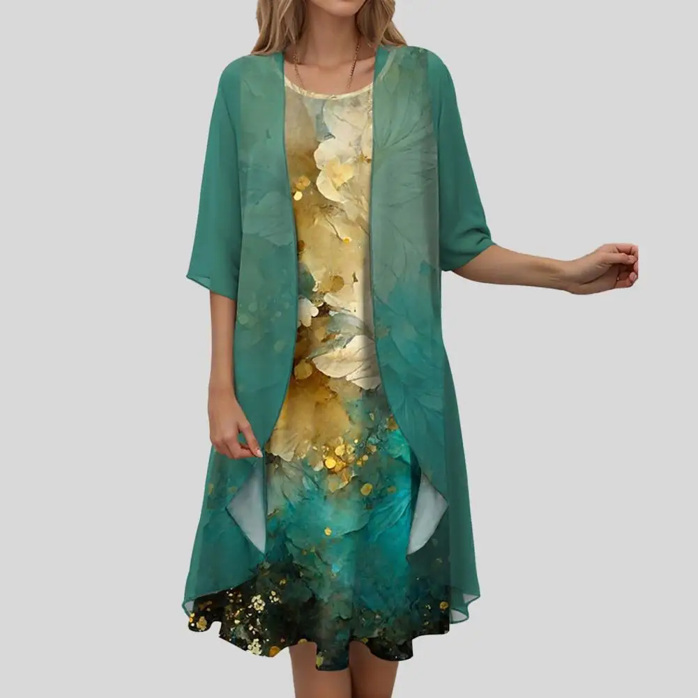 

Round Neck Vest Dress Elegant Floral Print Women's Coat Dress Set with Chiffon Irregular Hem Formal Knee Length Midi Dress