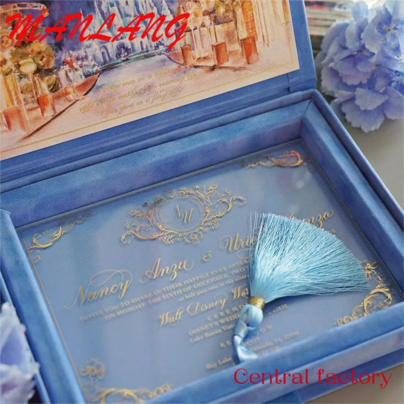 Custom  Hydrangea Blue Velvet Box Wedding Invitation Card With Custom Acrylic Wedding Invitations Box a5 acrylic price tag strong magnetic swing table transparent inclined table card commodity price display card crystal billboard