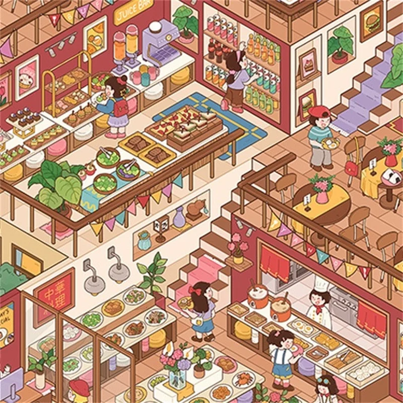 حجم كبير Kawaii كافتيريا ملاهي المشهد ملصق DIY بها...