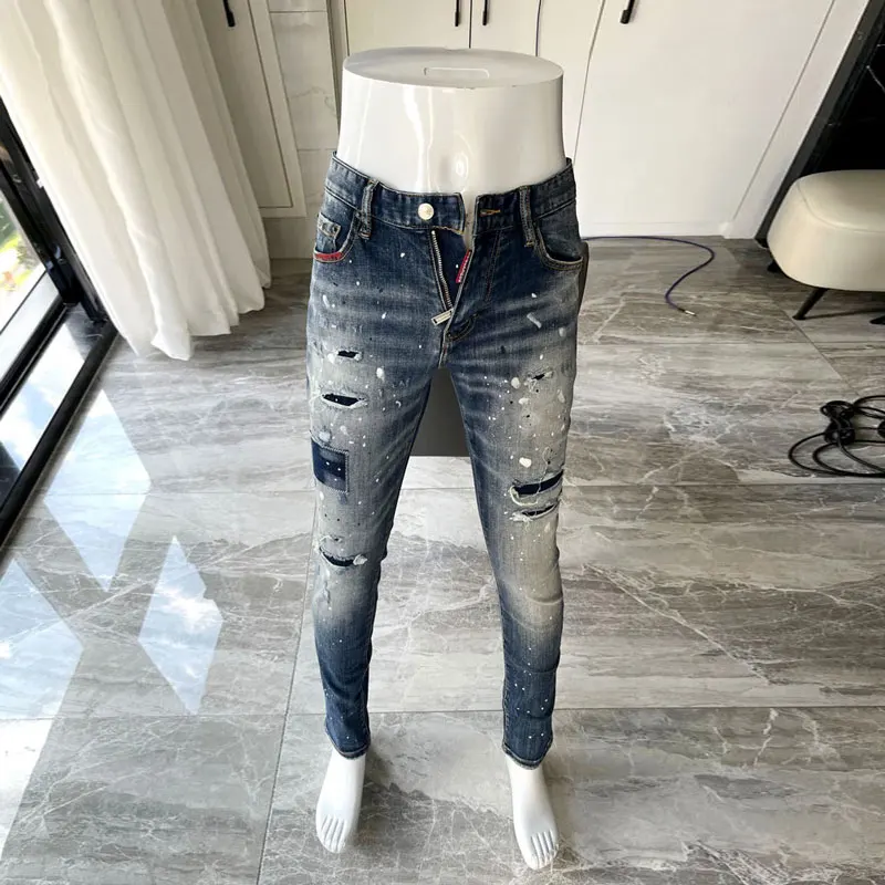 

Street Fashion Men Jeans Retro Blue Elastic Slim Fit Painted Hole Ripped Jeans Men Patched Designer Hip Hop Brand Pants Hombre