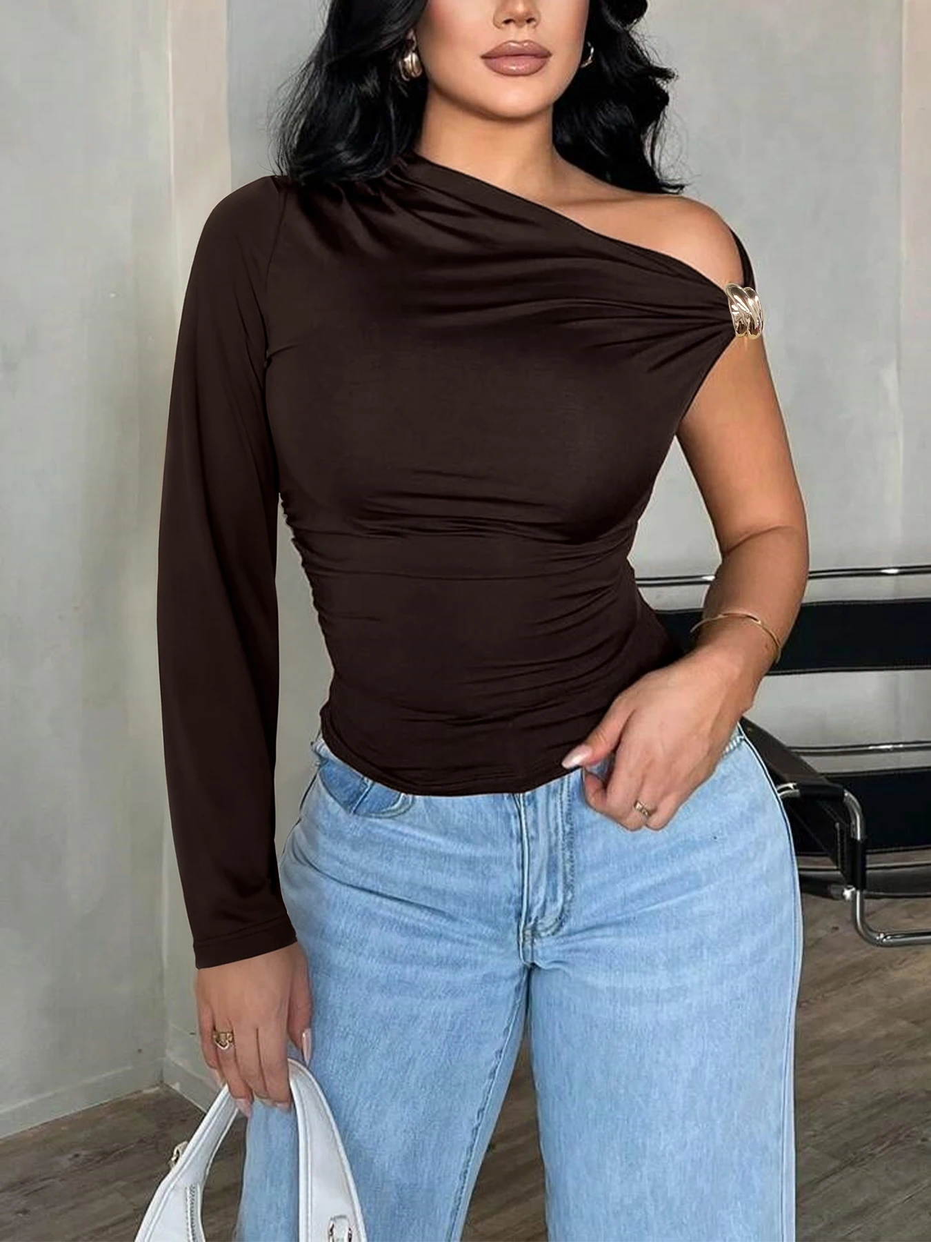Women's Brown One Shoulder Top Single Long Sleeve Metal Buckle Detail Slim Fit Sexy Elegant Spring Summer Party Date Blouse Top 4