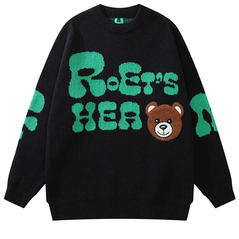 

Men Winter Sweater Bear Knit Top Long Sleeve Streetwear Kawaii Harajuku Oversize Pullover Y2k Jumpers Fashion Aesthetic Clothing