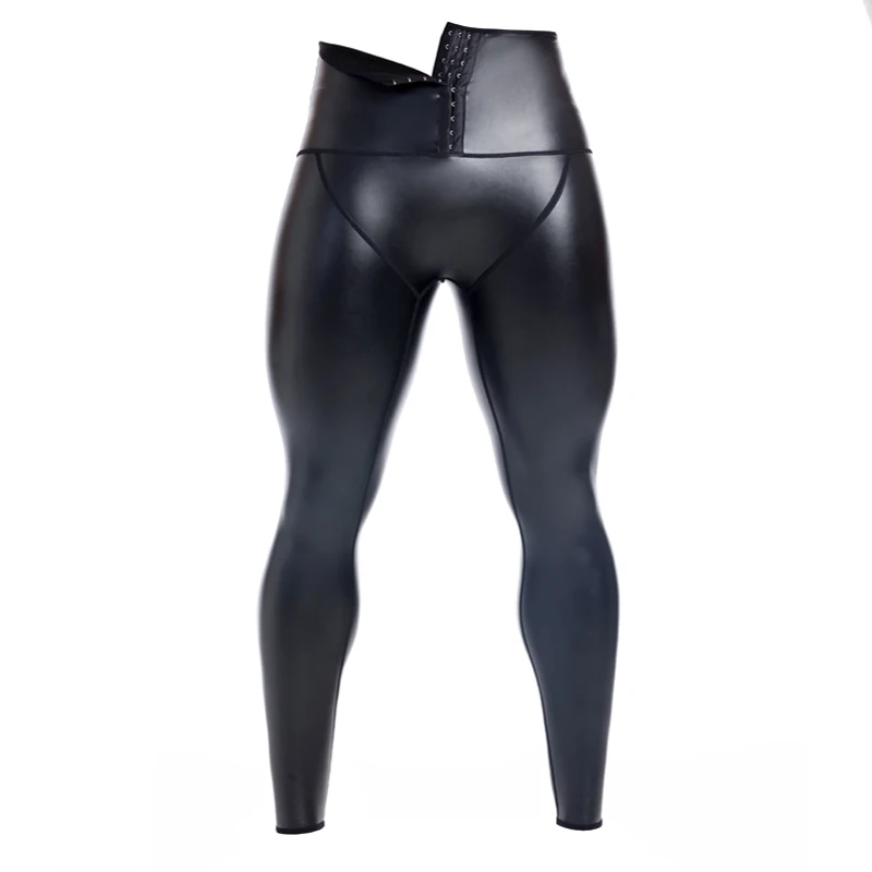 New Men High Waist Fashion Fitness Slim Stretch Leather Pants Body Shaper Waist Trainer Abdomen 3-Hook Compression Leather Pants